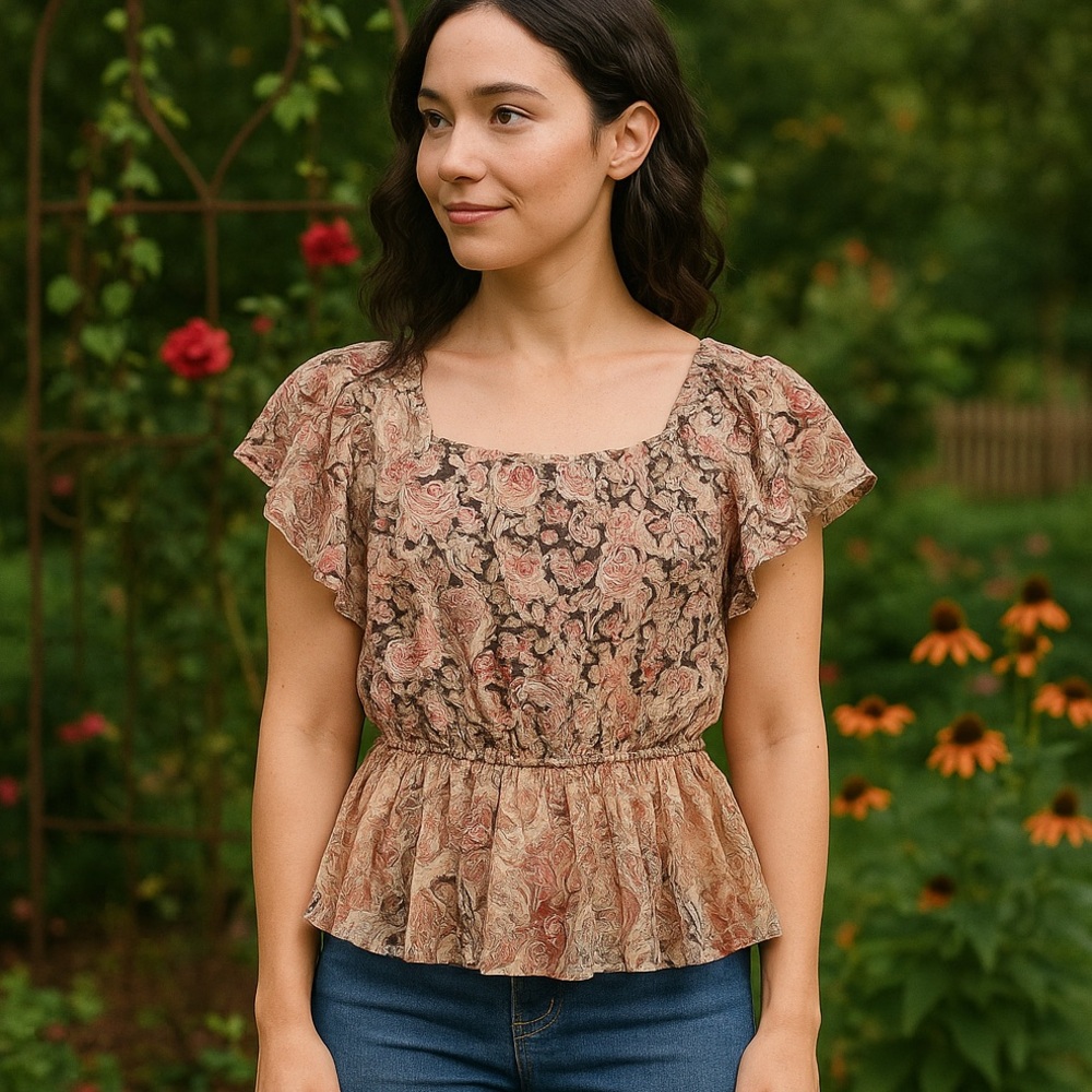 Chelsea & Theodore Mixed Floral Peplum Blouse Small Boho Cottagecore Romantic